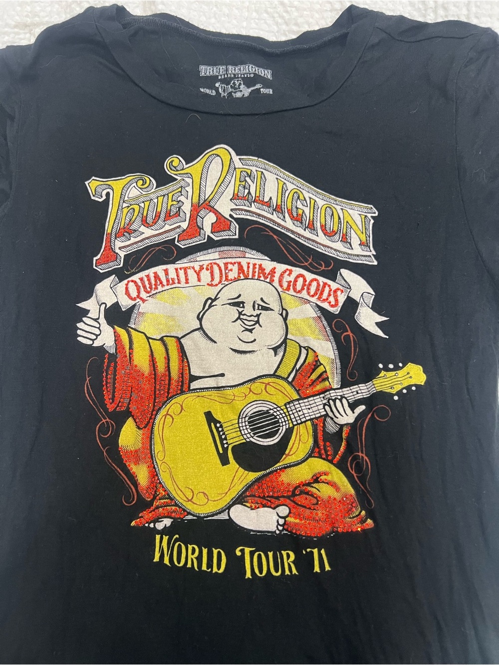 True Religion Black Tee with Yellow & Red Guitar Buddha Graphic Women’s